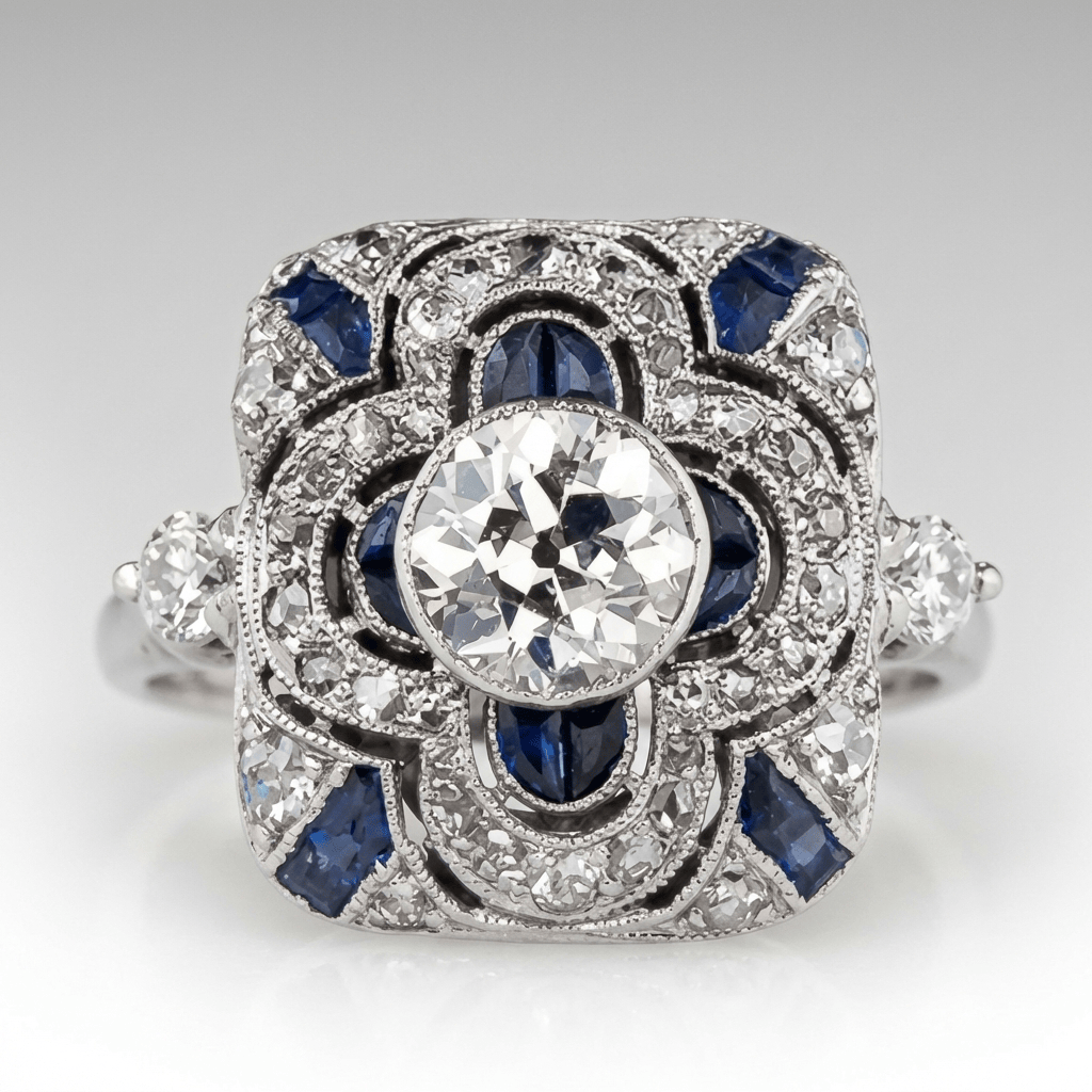 Silverring i vintagestil med diamant och safir