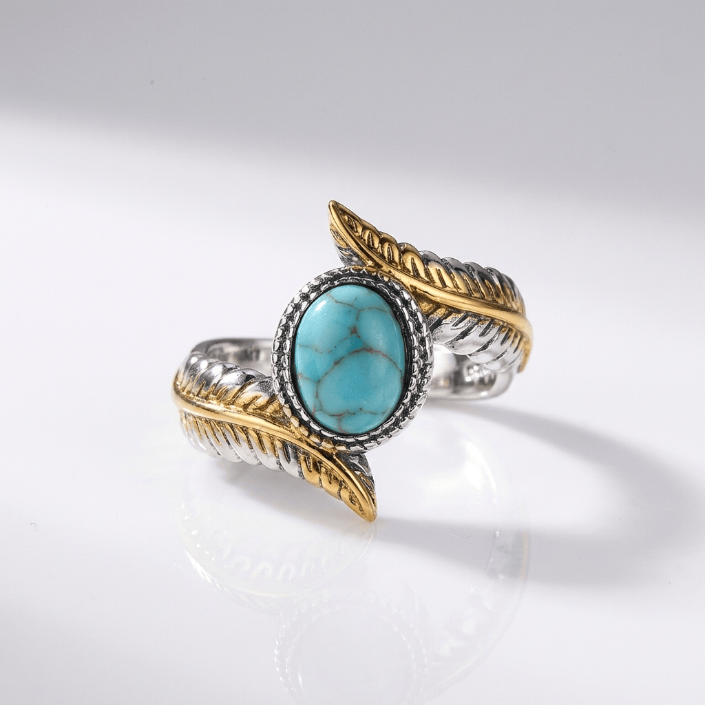 Bohemisk ring i silver och guld med turkos