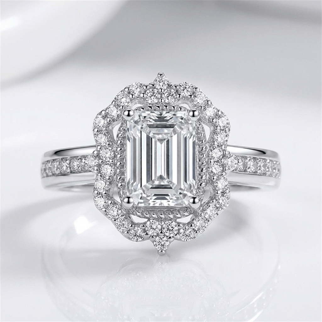 Ring med rektangulär halo och diamant