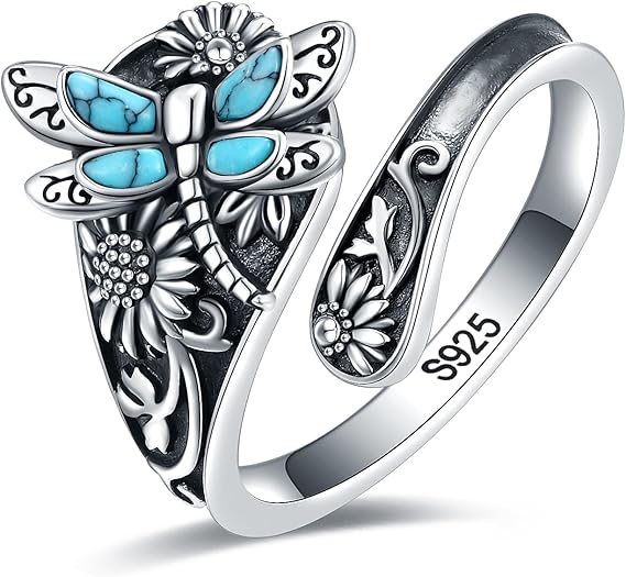 Skedring i sterlingsilver med turkos – lindad vintage boho-ring med trollslända