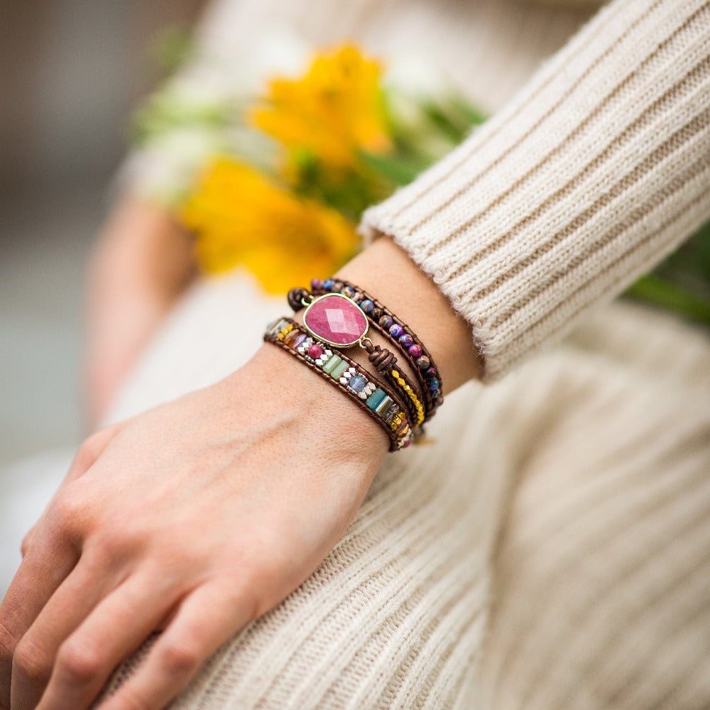 Rhodonit & Jaspis Wrap Armband