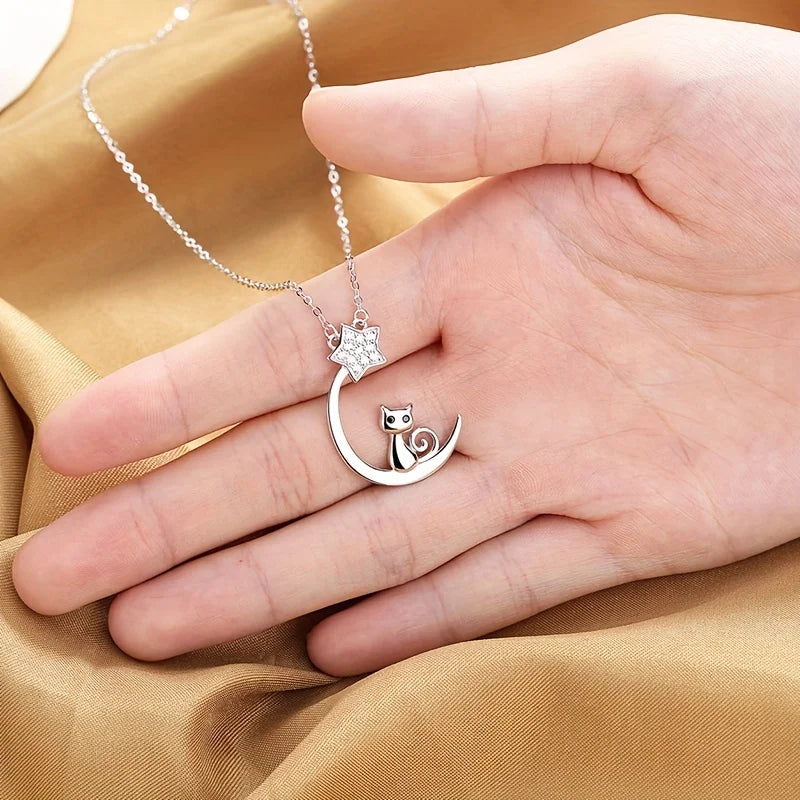 Sterling Silver Katt Måne Stjärna Halsband
