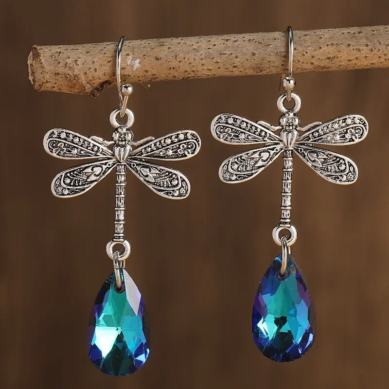 Vintage Blå Zirkonia Drop Dragonfly Örhängen