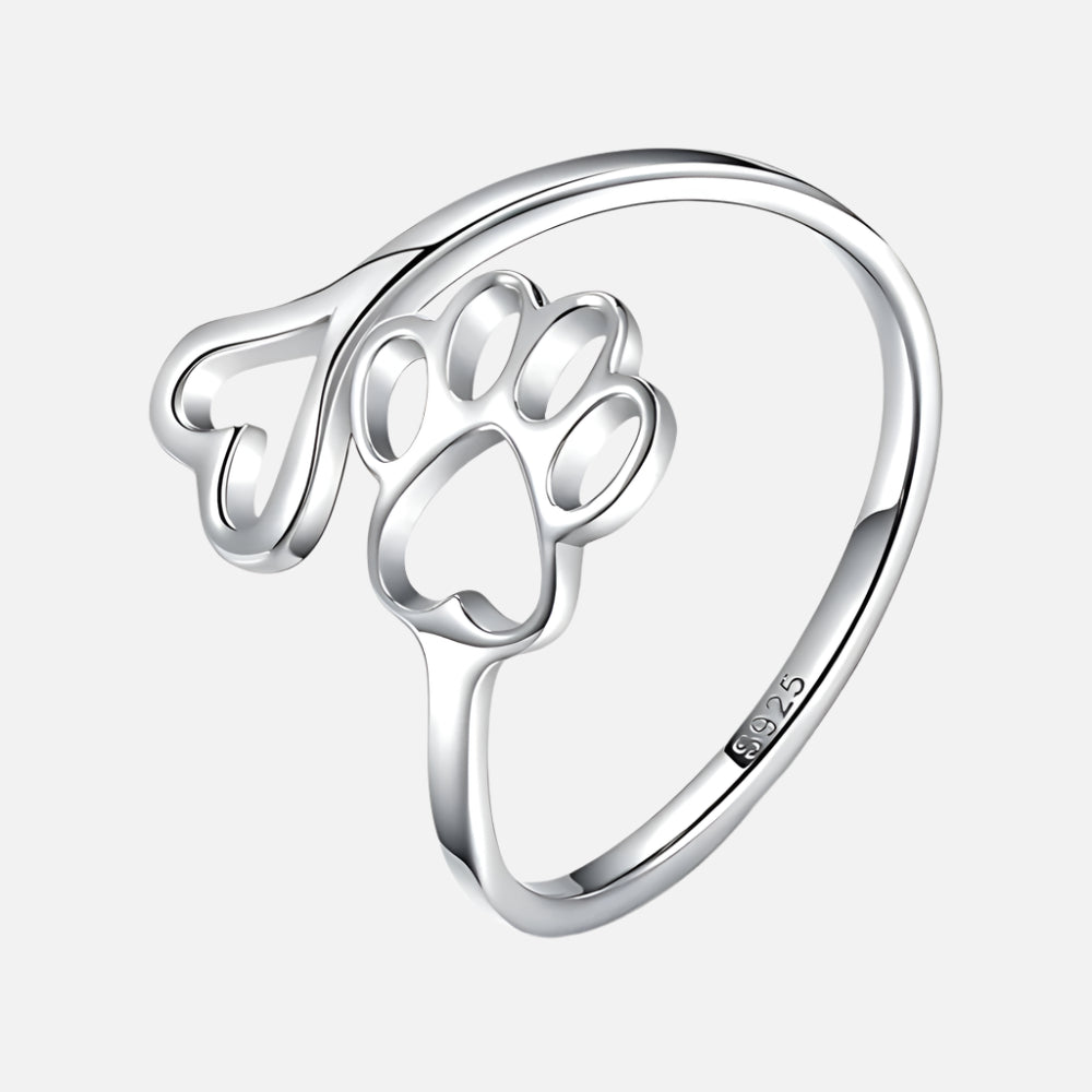 Handgjord ring med tass och hjärta – justerbar i 925 sterlingsilver