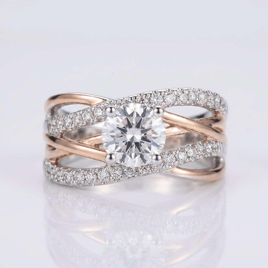 Roséguldring med korsad rund diamant