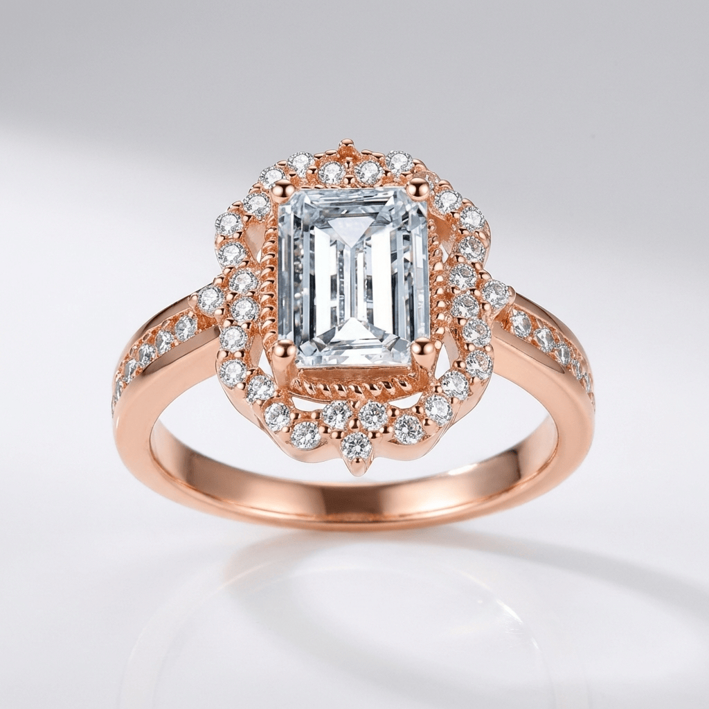 Ring med rektangulär halo och diamant