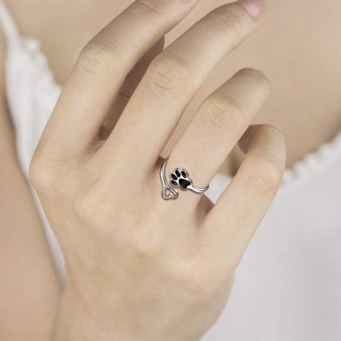 Handgjord ring med tass och hjärta – justerbar i 925 sterlingsilver
