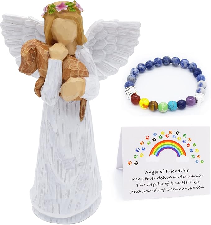 Hundminnesgåva med Ängel av Vänskap Figur och Regnbågsbro Chakra Armband