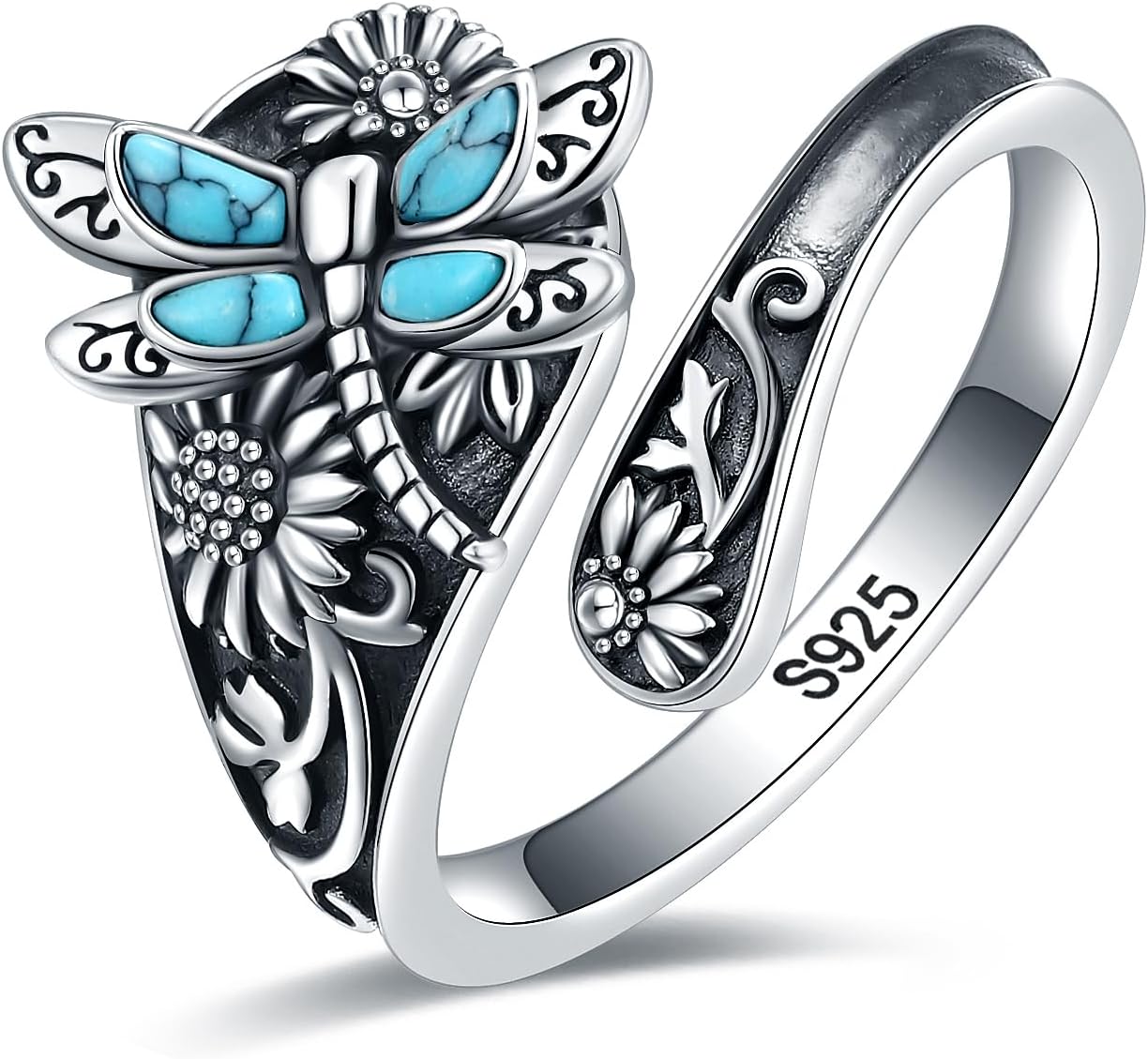 Skedring i sterlingsilver med turkos – lindad vintage boho-ring med trollslända