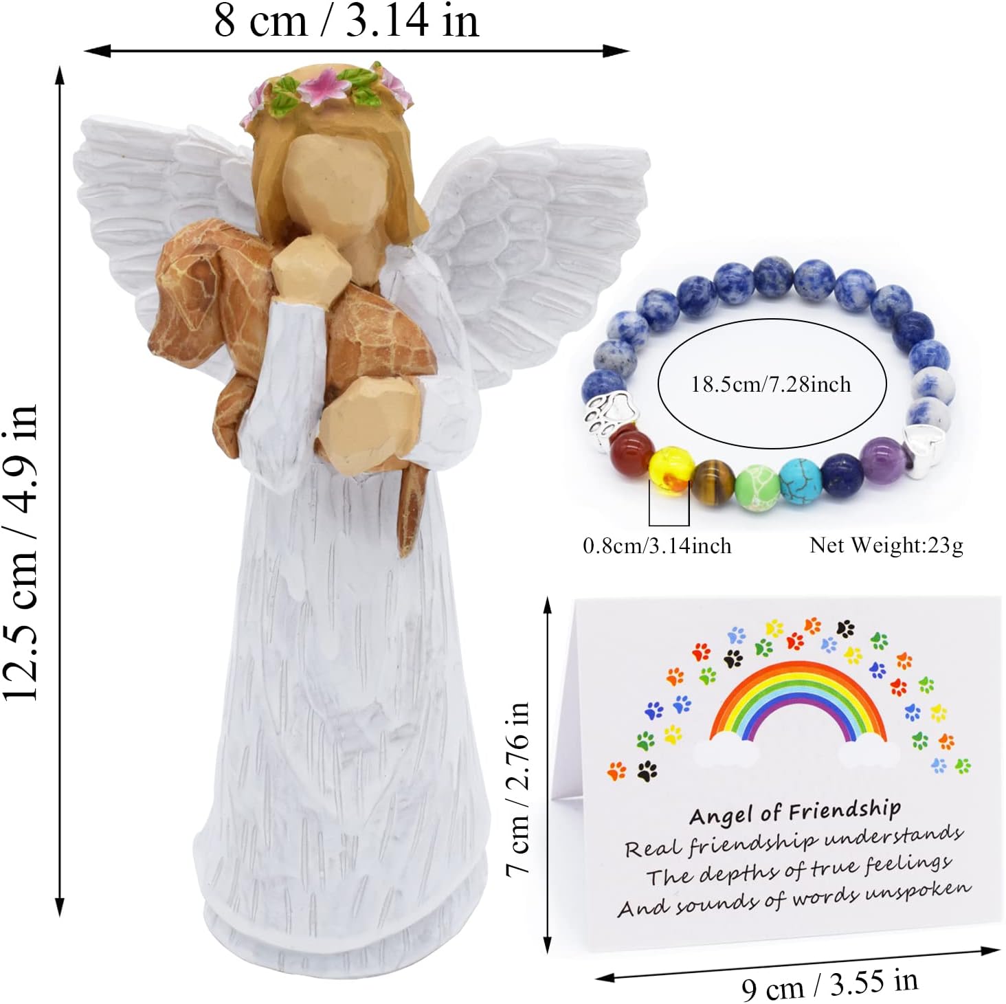 Hundminnesgåva med Ängel av Vänskap Figur och Regnbågsbro Chakra Armband