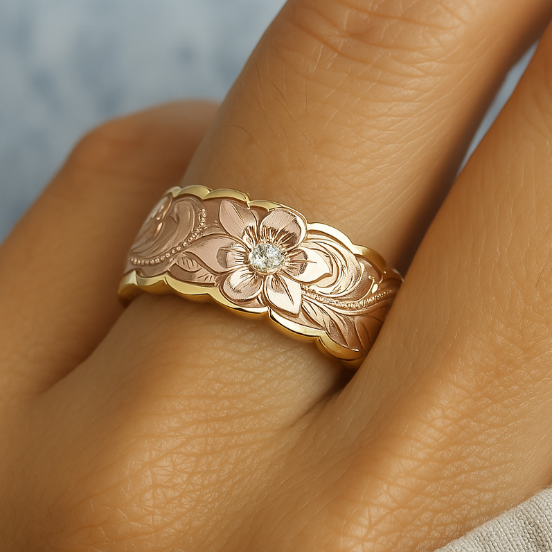 Guldring i vintagestil med rosblomma