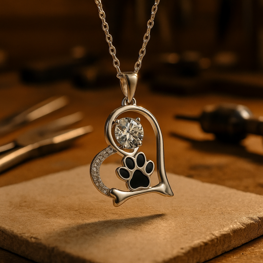 Hantverkad Hund Tassavtryck och Ben Halsband med Zirkonia