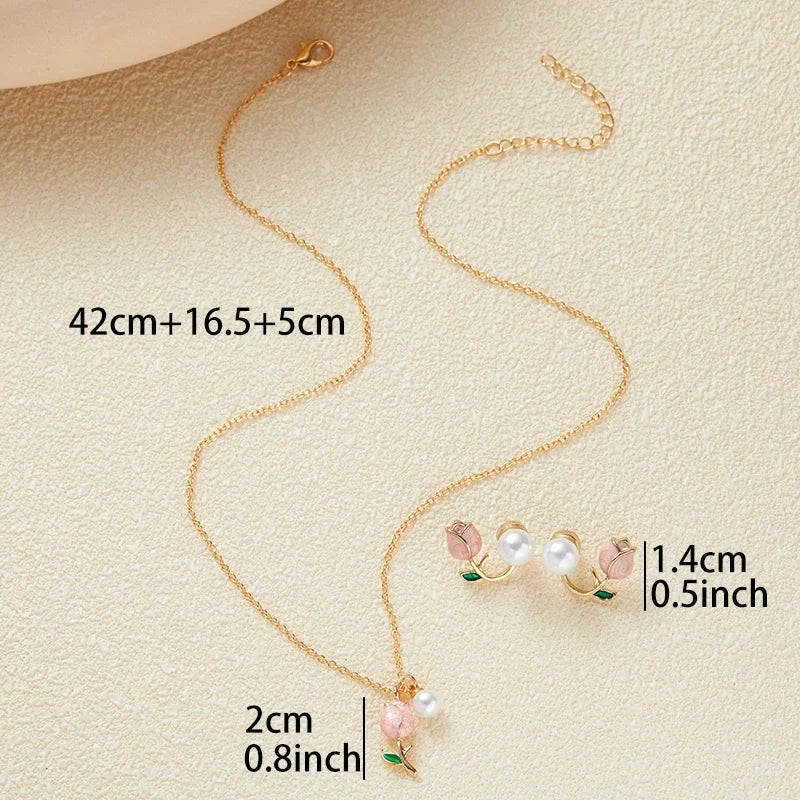 Rosa Tulpan Trädgård Halsband & Örhängen Set