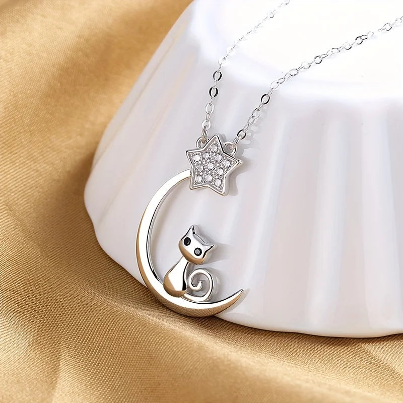 Sterling Silver Katt Måne Stjärna Halsband