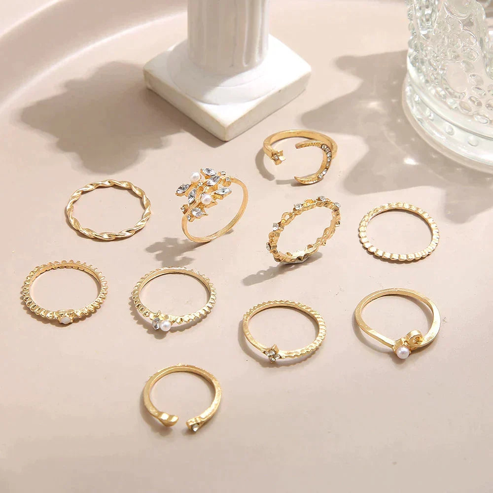 10-pack bohemiska ringar i silver och guldplätering