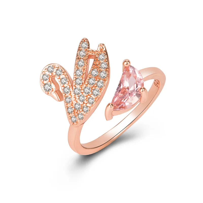 Ring med svan i kristall – justerbar i roséguld