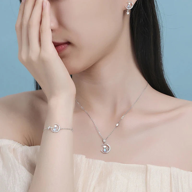 Katt Måne Sterling Silver Halsband