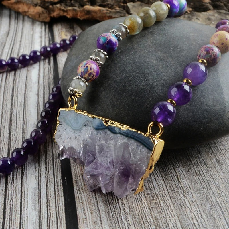 Amethyst Jasper & Labradorit Beaded Druzy Halsband