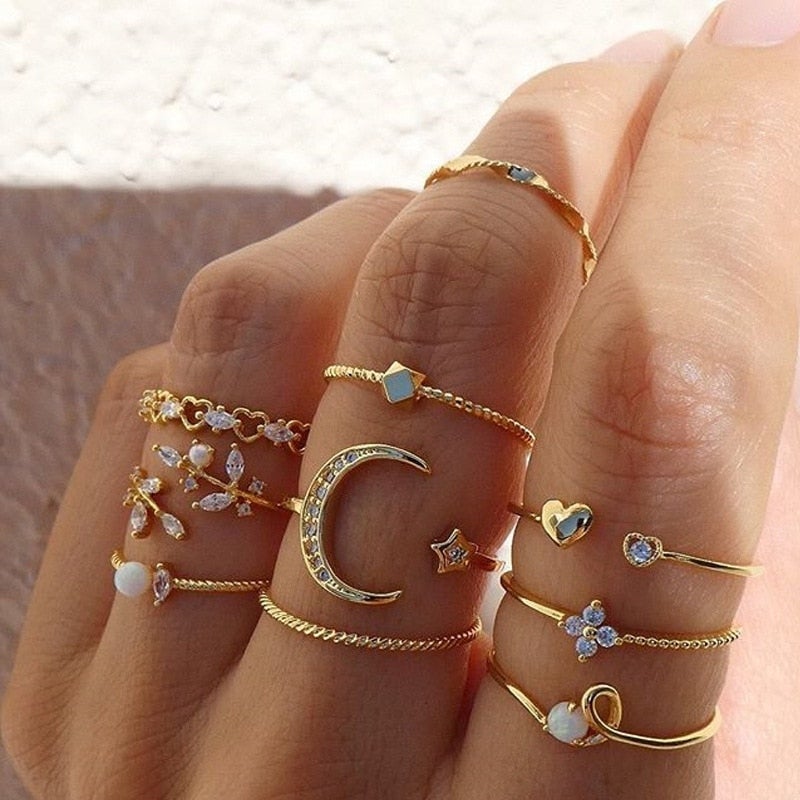 10-pack bohemiska ringar i silver och guldplätering