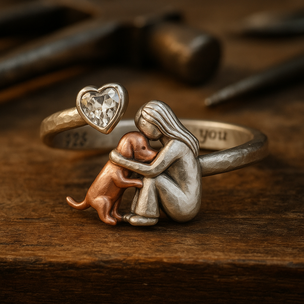 Handgjord hundring i 925 sterlingsilver med hjärtformad zirkonia – justerbar passform