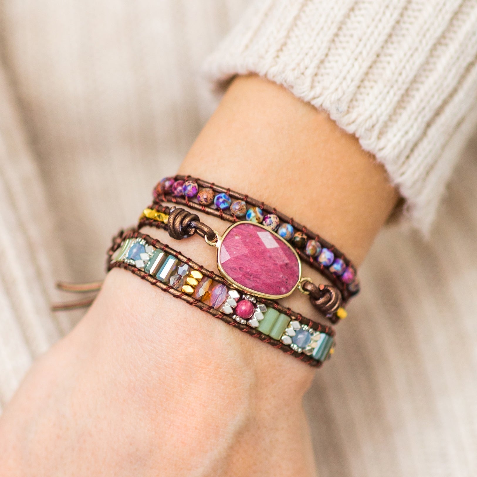 Rhodonit & Jaspis Wrap Armband