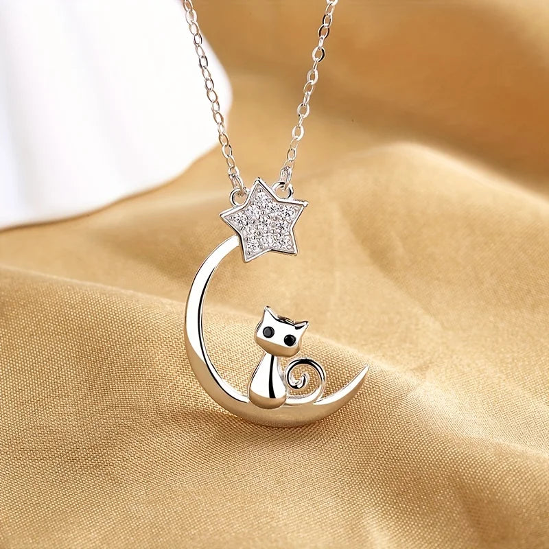 Sterling Silver Katt Måne Stjärna Halsband
