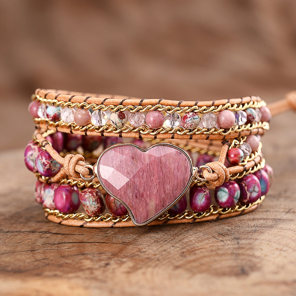 Rhodochrosit Hjärta Lyxig Wrap Armband