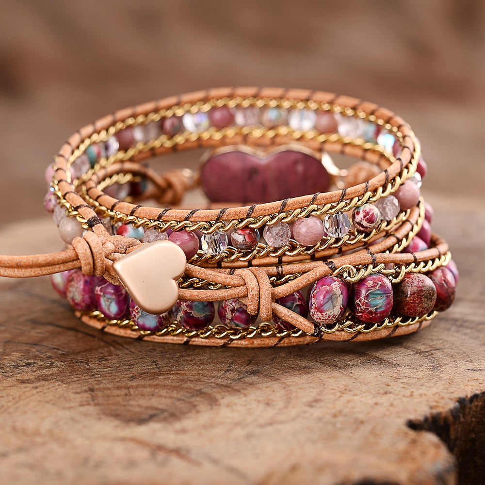 Rhodochrosit Hjärta Lyxig Wrap Armband