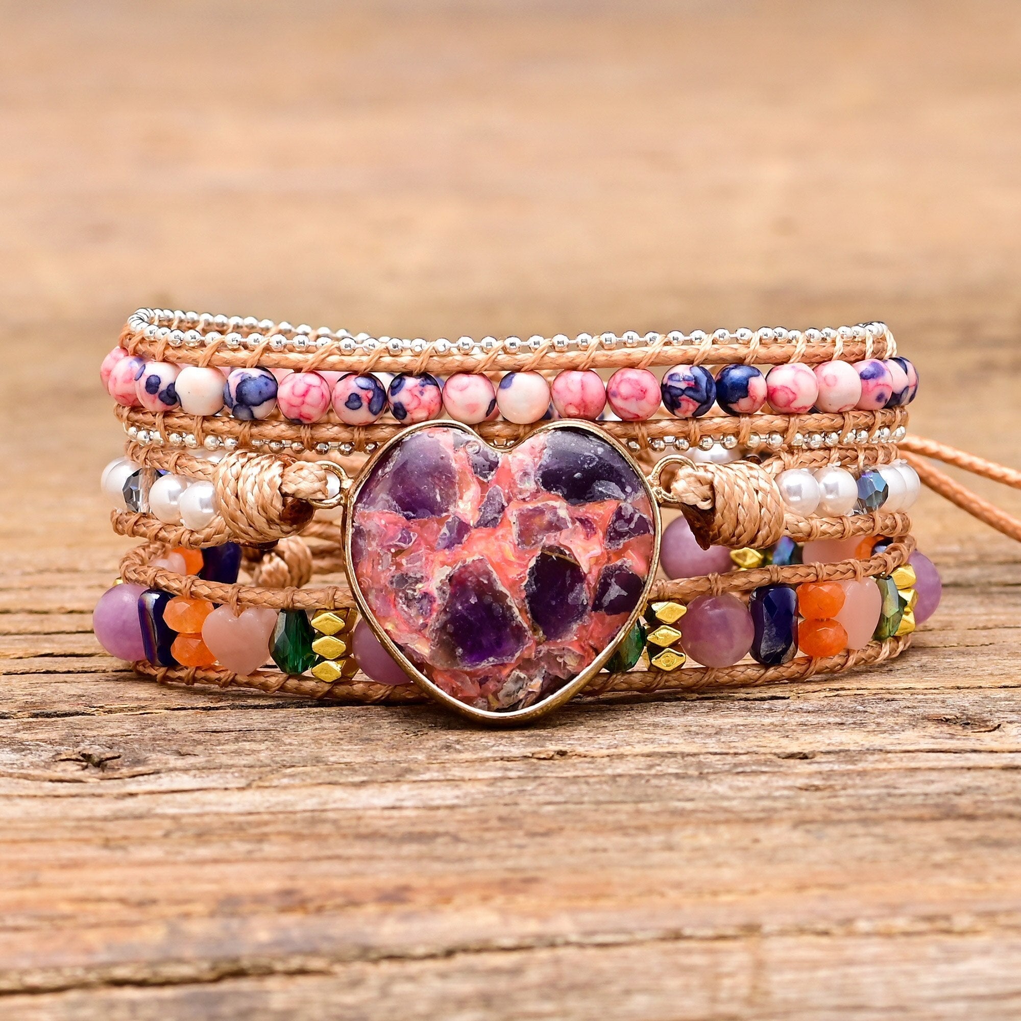 Lila Hjärta Calcite Wrap Armband