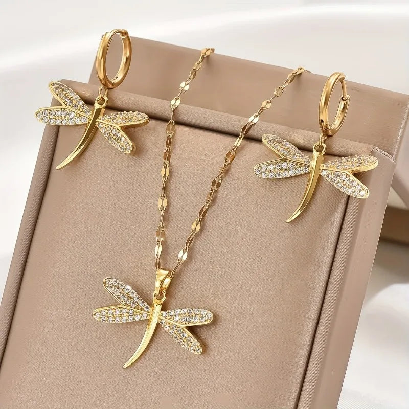 Guld Trollslända Smycke Halsband med Bonus Örhängen