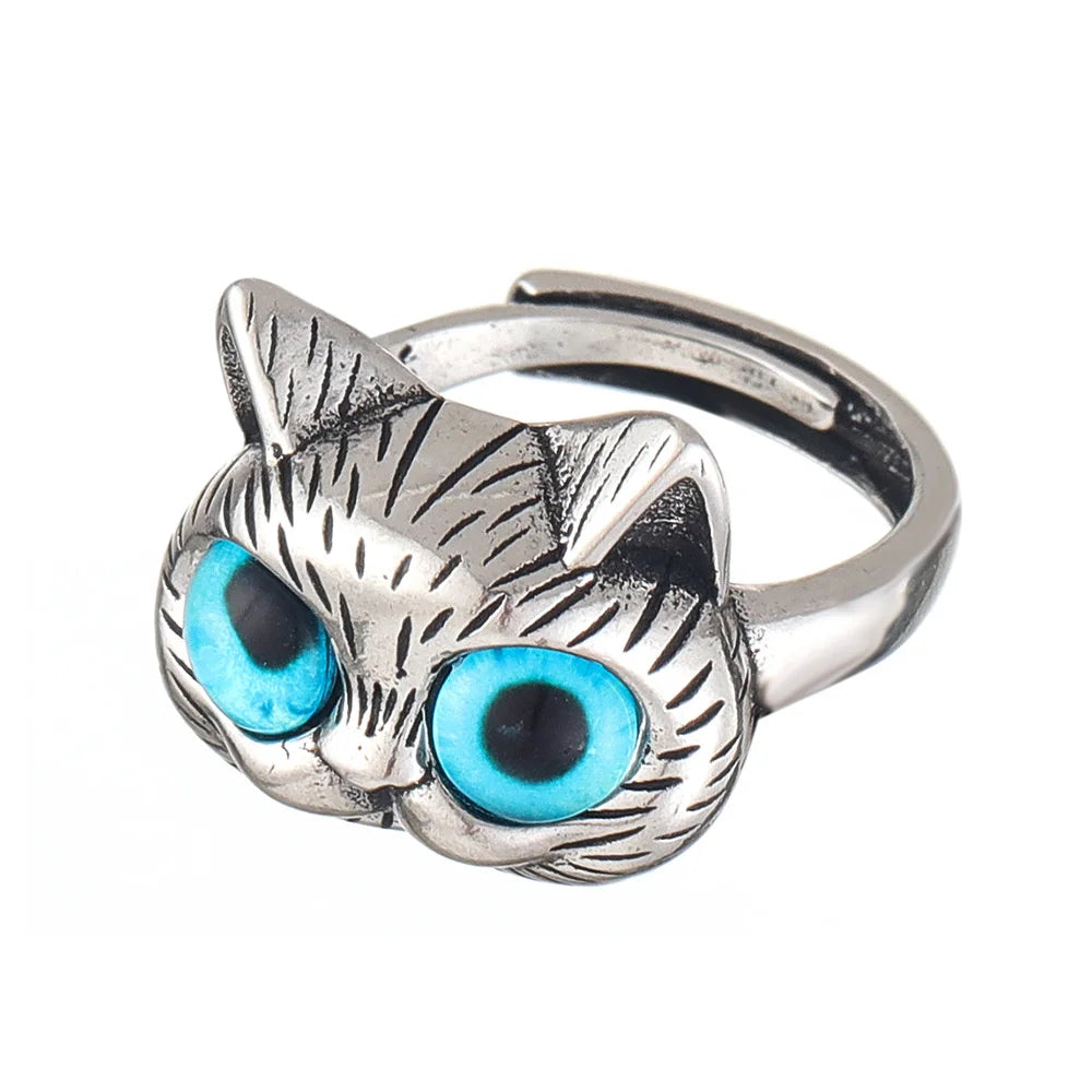 Kattring med blå ögon – lekfull vintage silverring för kattälskare