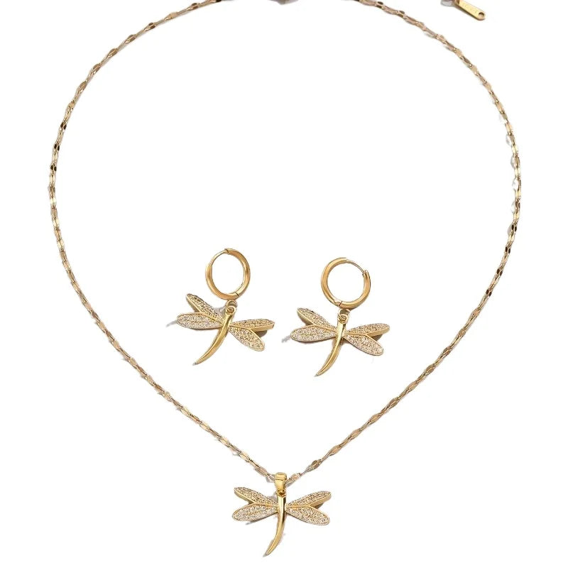 Guld Trollslända Smycken Halsband med Bonus Örhängen