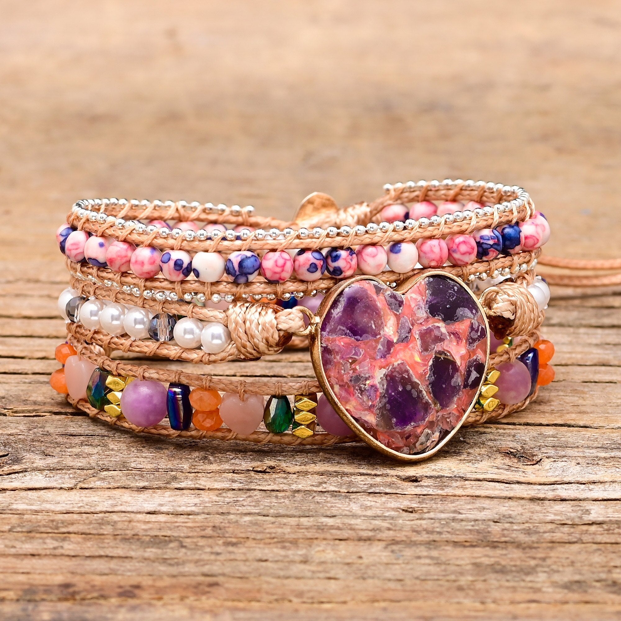 Lila Hjärta Calcite Wrap Armband