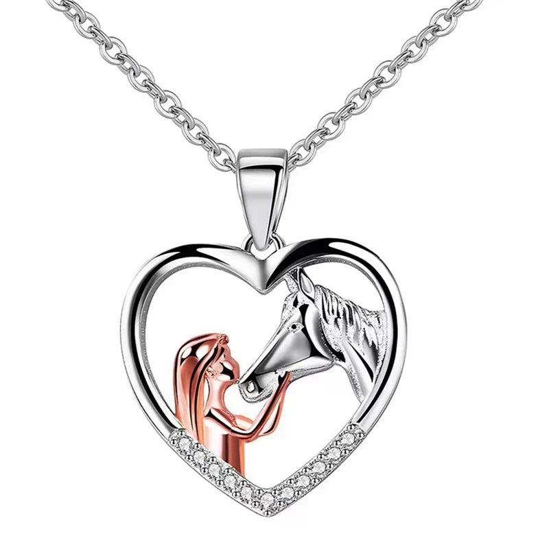 Vacker Hjärta Zirkon Tjej och Häst Halsband