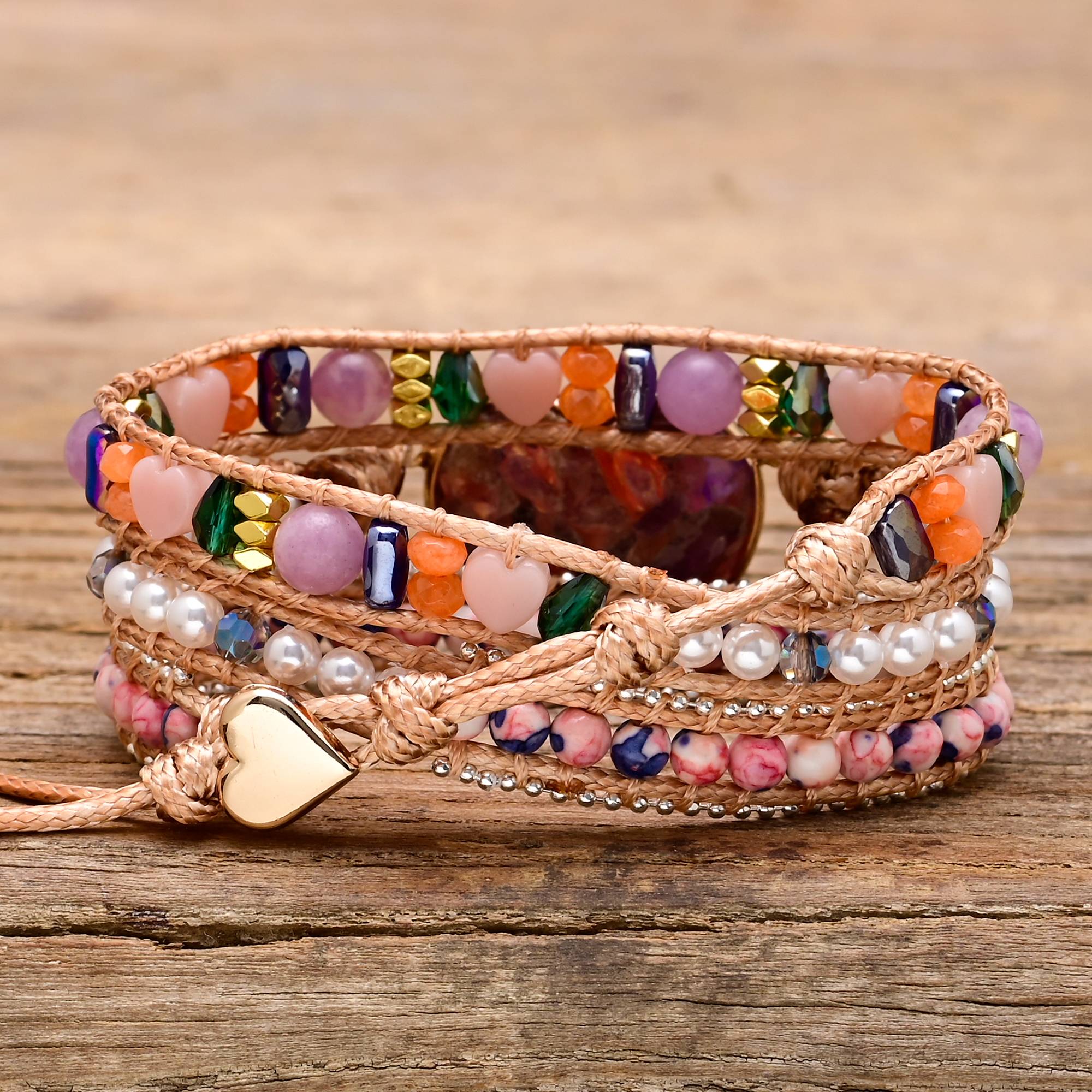 Lila Hjärta Calcite Wrap Armband