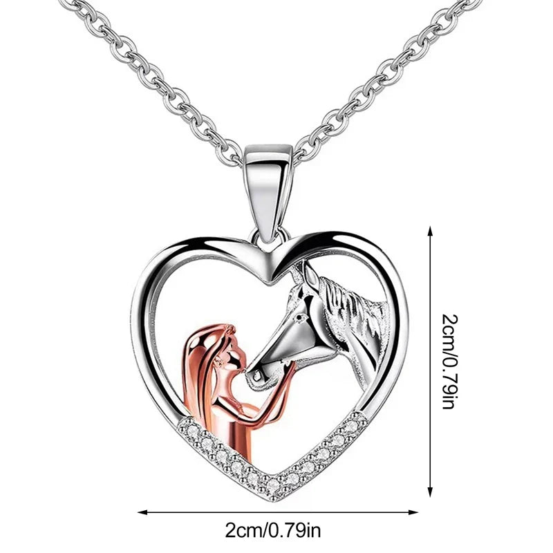 Vacker Hjärta Zirkon Tjej och Häst Halsband