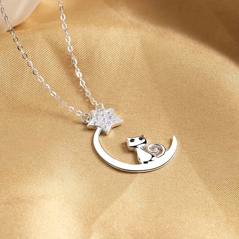 Sterling Silver Katt Måne Stjärna Halsband