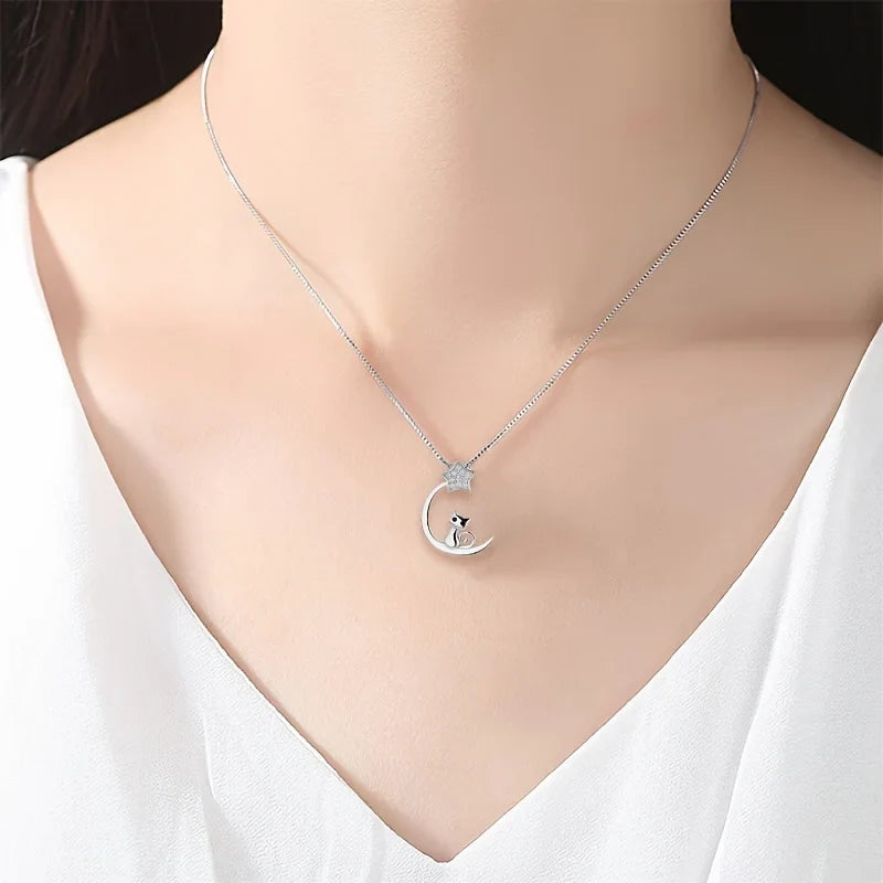 Sterling Silver Katt Måne Stjärna Halsband