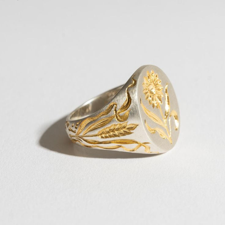 Vintage sigillring i silver med solros