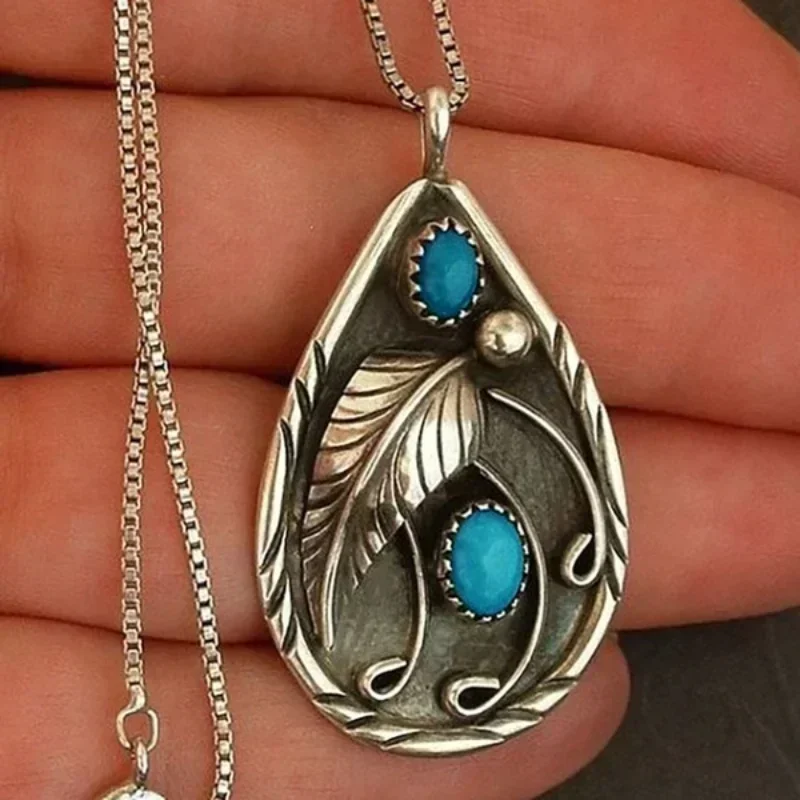 Vintage Blå Sten Hänge Halsband