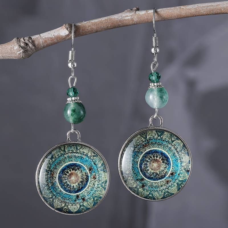 Vintage Blå Hängande Rund Mandala Örhängen