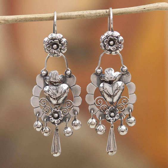 Vintage Hängande Silver Hjärta Blomma Örhängen