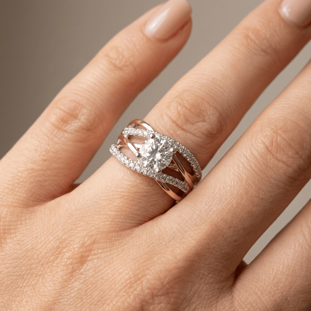 Roséguldring med korsad rund diamant