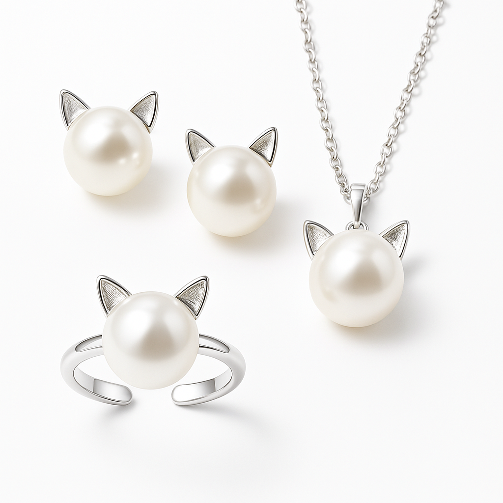 Vacker Pärl Katt Halsband med Bonus Örhängen + Ring