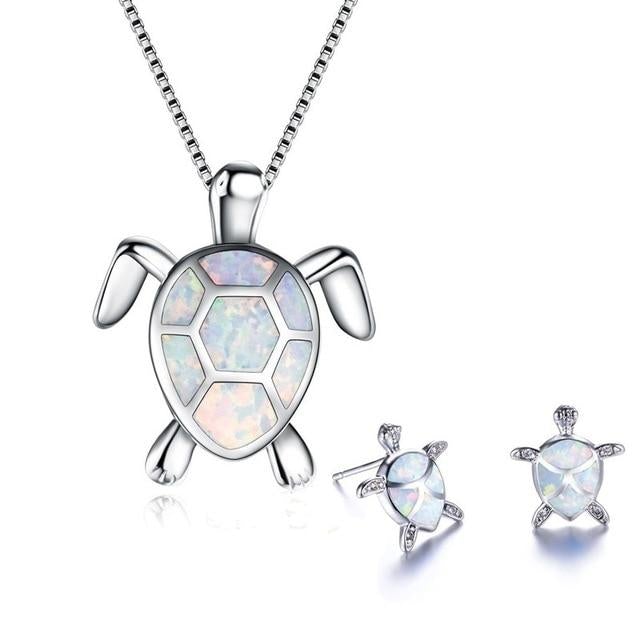 Sjösköldpadds halsband + örhängen set i opal och silver