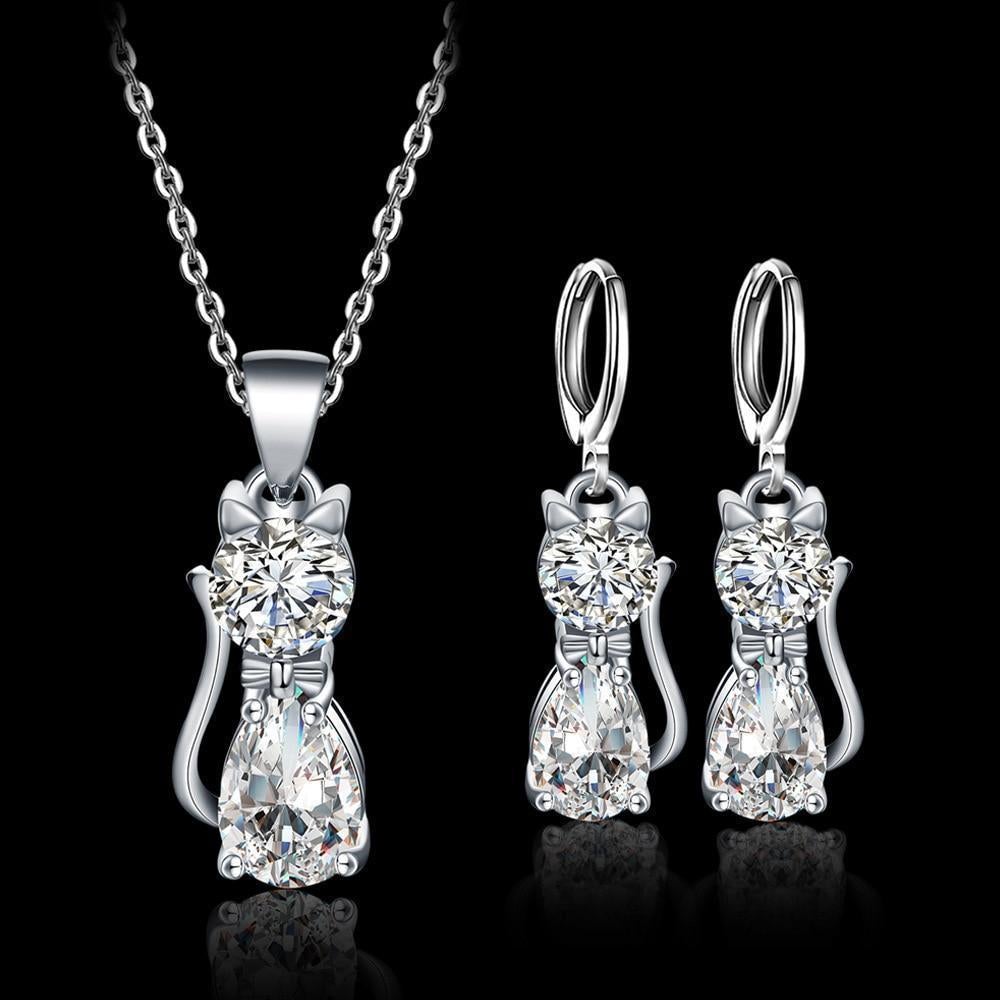 Set Halsband + Örhängen Glada Katter i Sterling Silver och Polerat Vitt Zirkonium