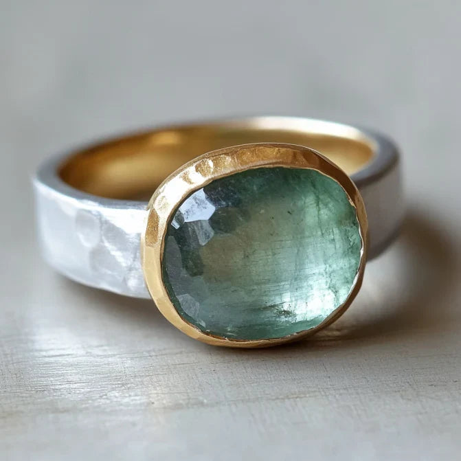 Smidd vintagering i guld och silver med grönt glas